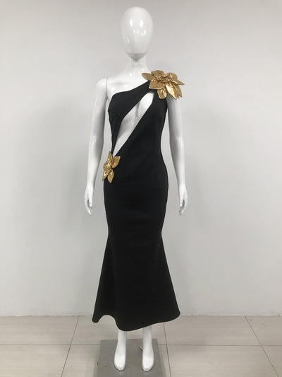 Vestido Largo Ajustado Flor Dorada con Efecto Bandage - Image 10