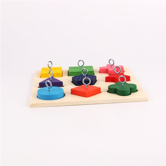 Colorful wooden shape sorter puzzle with nine different geometric and abstract shapes, each with a metal ring. - Image 2