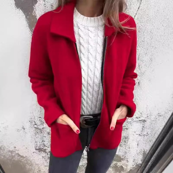 Chaqueta Solapa con Cierre y Bolsillos para Mujer - Abrigo Versátil Otoño Invierno