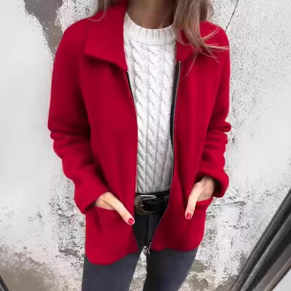 Women's Lapel Jacket with Zipper and Pockets - Versatile Fall Winter Coat