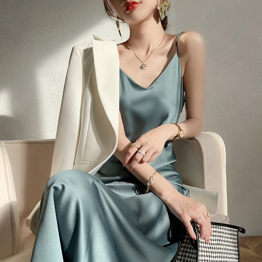Vestido Largo Temperamento Francés para Mujer con Tirantes - Image 5