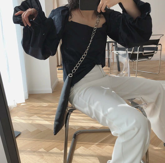 Blusa Blanca Cuello Cuadrado Estilo Coreano
