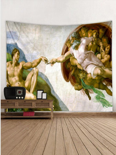 Large tapestry featuring Michelangelo's 'The Creation of Adam' artwork, hanging above a white bed in a bedroom. - Image 4