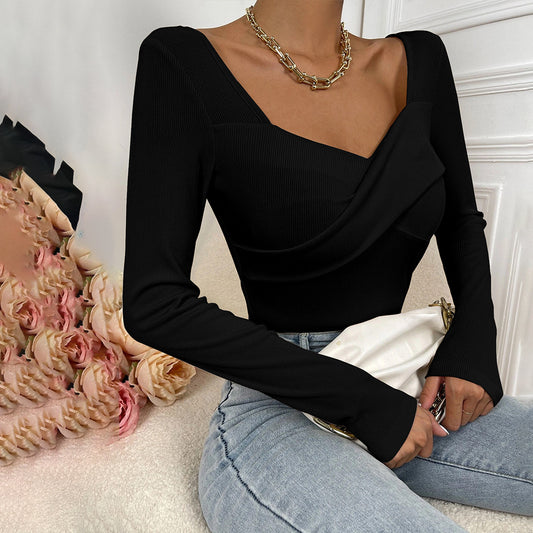 Blusa Tejida Cuello V Ajustada Manga Larga para Mujer