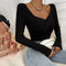 Blusa Tejida Cuello V Ajustada Manga Larga para Mujer
