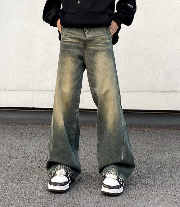 Jeans Vintage Desgastado Amarillo Mud Estilo Retro Americano para Hombre