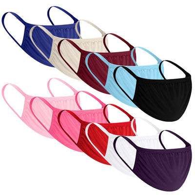 Ten solid-color ear-mounted face masks in blue, beige, maroon, light blue, black, light pink, hot pink, red, white, and purple. - Image 9