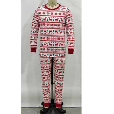 White long-sleeved pajama set with red and green Fair Isle Christmas pattern featuring reindeer and trees. - Image 9