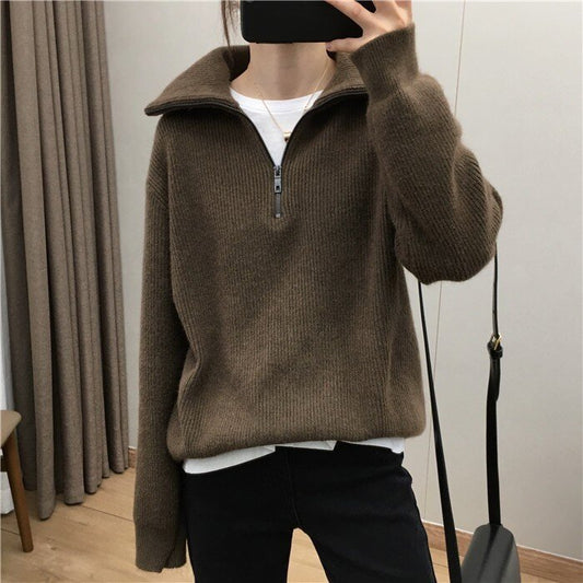 Suéter Pullover con Cuello Solapa Amplio y Cierre de Cremallera para Mujer - Image 2