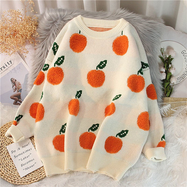 Suéter Suelto para Mujer con Estampado de Frutas Jacquard