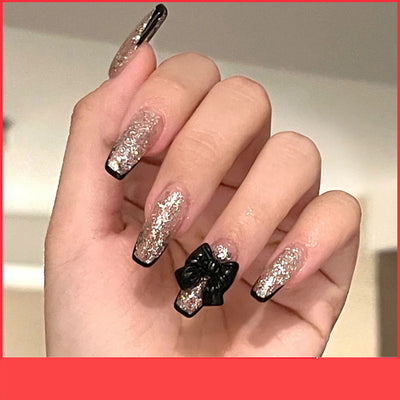 Pegatinas de Uñas Estilo Francés con Lazo Negro Desprendibles - Image 3