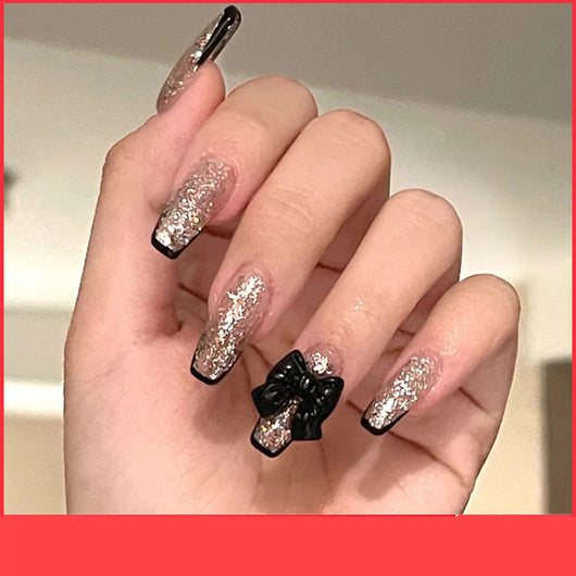 Pegatinas de Uñas Estilo Francés con Lazo Negro Desprendibles - Image 3