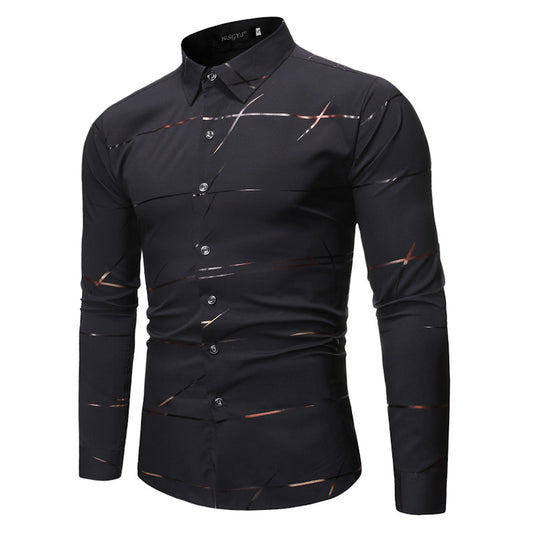 Camisa Manga Larga con Diseño de Cuello y Estampado Dorado para Hombre - Image 2