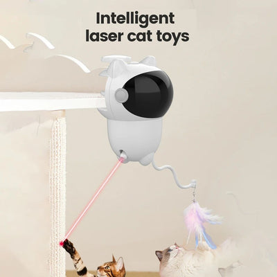 White cat-shaped intelligent laser toy with a black visor and a colorful feather wand attachment for pets. - Image 14