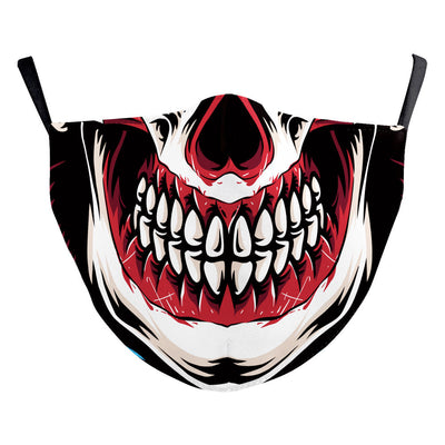 Black double-layer dust mask with a steampunk skull clown digital print, featuring gears, rivets, and a zipper. - Image 9