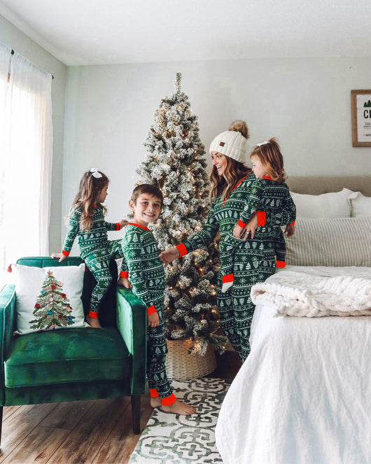 Red and white Christmas print one-piece pajama suit with moose, snowflake, and Christmas tree patterns. - Image 20