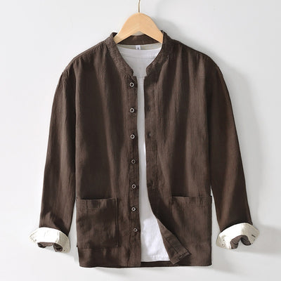 Camisa Lino Cuello Mao Manga Larga Transpirable Estilo Asiático para Hombre - Image 2