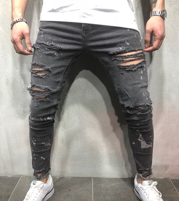 Jeans Skinny Ajustados para Hombre con Dobladillo Deshilachado y Pliegues