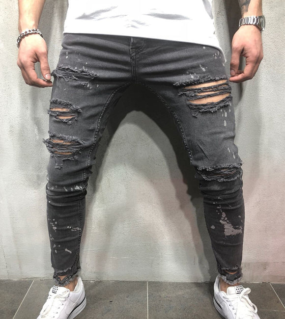 Jeans Skinny Ajustados para Hombre con Dobladillo Deshilachado y Pliegues