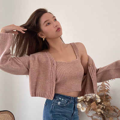 Conjunto de Suéter Tejido Escote V Versión Coreana para Otoño e Invierno - Image 4