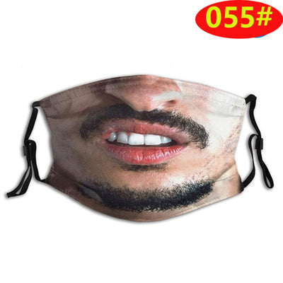 Novelty face mask with a realistic print of a smiling man's lower face and a prominent brown mustache. - Image 11
