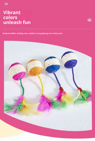Four sisal ball cat toys with colorful feathers in pink, purple, blue, and teal stripes, for playing and grinding claws. - Image 21