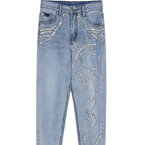 Jeans Sueltos de Cintura Alta con Diamantes Simples para Mujer