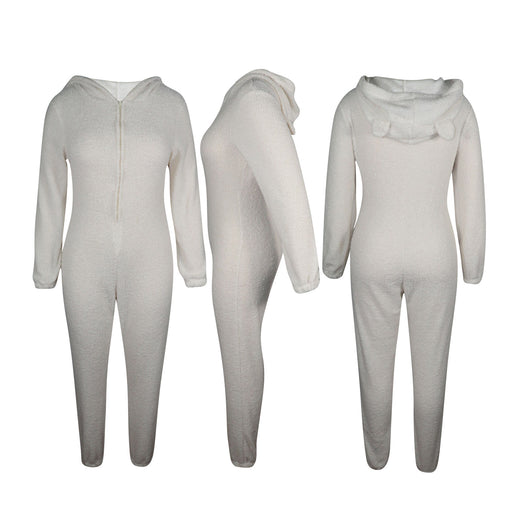 Pijama Enterizo Cálido con Capucha y Orejas - Felpa Suave de Color Liso - Image 10