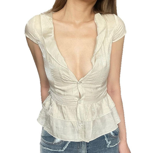 Blusa Francesa Elegante de Manga Corta con Botones - Image 5