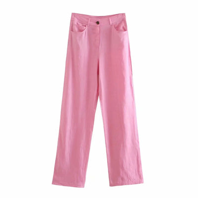 Pantalón Lino Retro Cintura Alta Bolsillos Dobles Pierna Ancha - Image 9