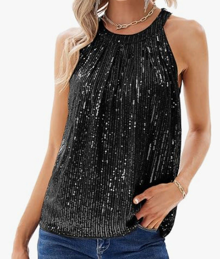 Blusa Escotada Halter con Lentejuelas y Cuello Redondo - Image 6