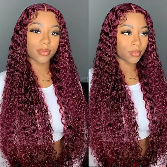 Peluca Afro Sintética Rojo Vino con Encaje Frontal y Rizos Definidos
