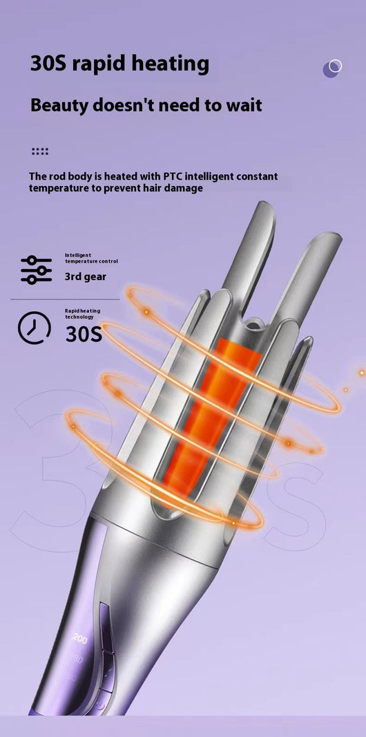 Gradient purple wireless automatic hair curler with a sleek design, one-button start, and three-speed adjustment. - Image 15
