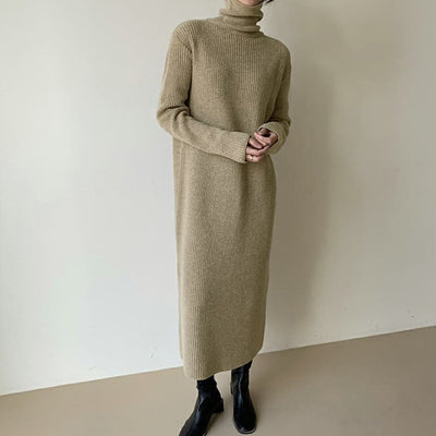 Vestido Suéter Largo Cuello Alto Holgado Hasta la Rodilla para Mujer - Image 6