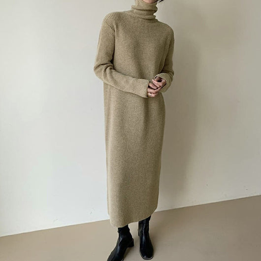 Vestido Suéter Largo Cuello Alto Holgado Hasta la Rodilla para Mujer - Image 6