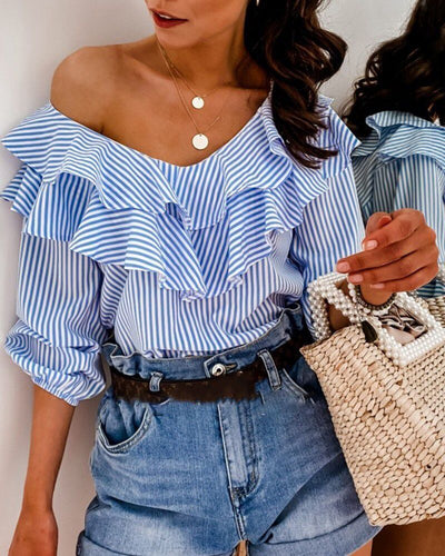 Blusa Rayada Cuello V Manga Larga Versátil para Mujer - Image 8