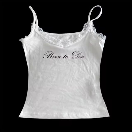 Top Corto sin Mangas con Estampado de Letras en Encaje