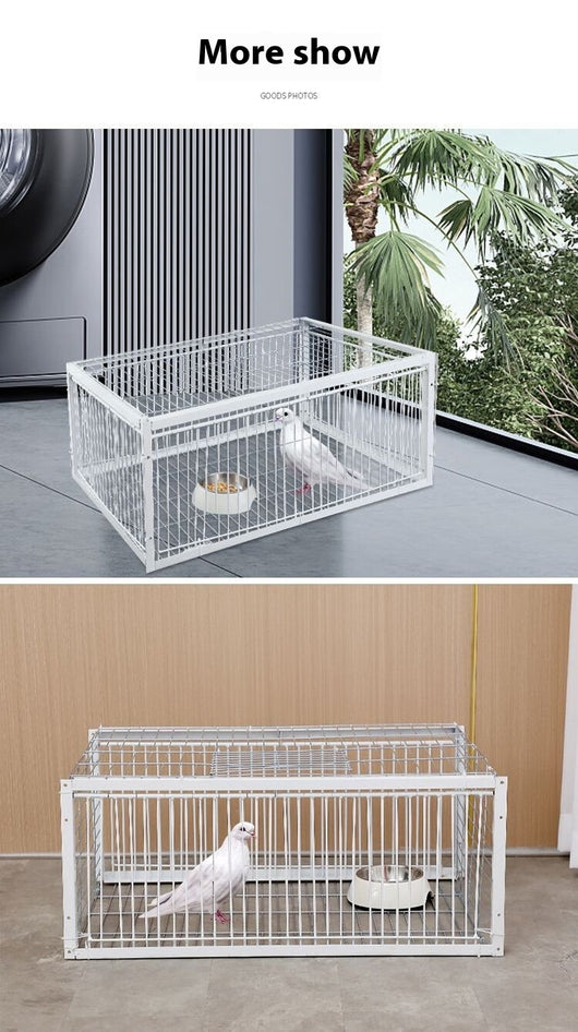 White wire pigeon cage with two side entrances and a skylight, measuring 60x40x26 cm with 2cm wire spacing. - Image 25