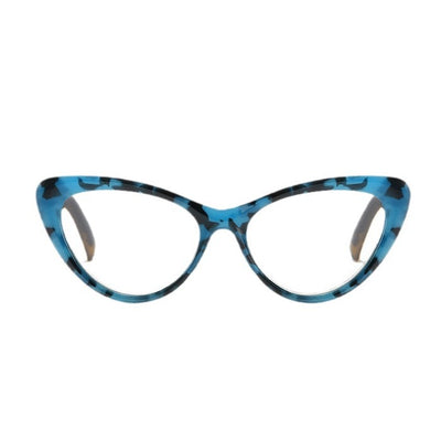Black cat-eye anti-blue light reading glasses with green patterned temples on a white background. - Image 4