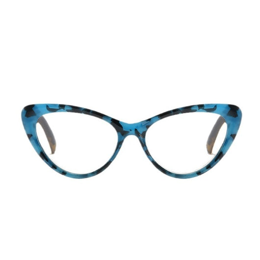 Black cat-eye anti-blue light reading glasses with green patterned temples on a white background. - Image 4