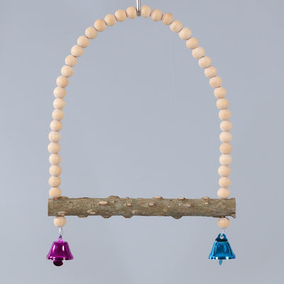 Colorful parrot swing toy with a natural wood perch, an arch of multicolored beads, and two small bells. - Image 15