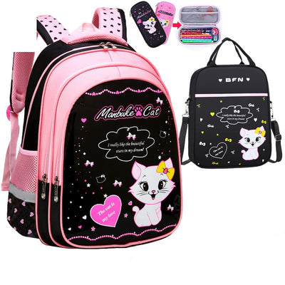 Kids black and pink backpack with a cute white cat print, paired with a matching lunch bag. - Image 7