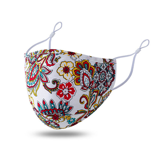 Teal cotton face mask with white floral pattern and brown leaves, featuring adjustable white ear loops. - Image 8