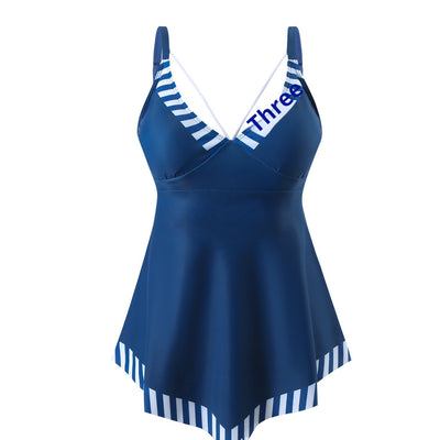 Black plus size tankini top with a colorful scalloped pattern on the bust and hem, featuring criss-cross straps. - Image 8