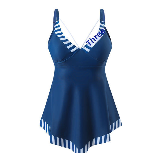 Black plus size tankini top with a colorful scalloped pattern on the bust and hem, featuring criss-cross straps. - Image 8
