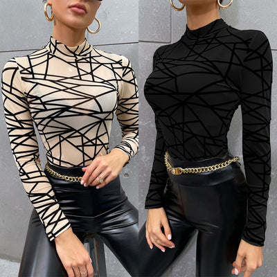 Blusa Slim Elegante de Cuello Alto con Malla y Efecto Flocking