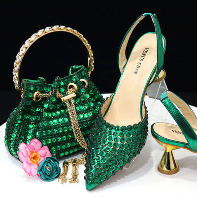 Bolso de Piedra Colorida con Zapatos de Tacón Medio y Punta Afilada para Mujer - Image 6