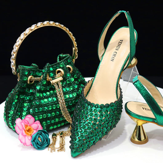 Bolso de Piedra Colorida con Zapatos de Tacón Medio y Punta Afilada para Mujer - Image 6