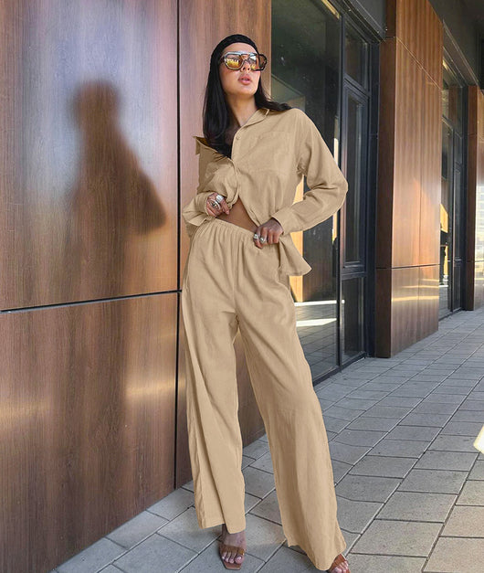 Conjunto Casual Khaki de Lino y Algodón - Camisa y Pantalón Ancho Estilo Urbano para Mujer - Image 6