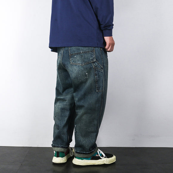 Jeans Rectos Cropped con Efecto Vintage Desteñido y Salpicaduras de Tinta